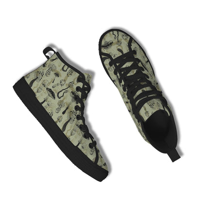 Mushroom Morel Snake Print High Top Sneakers, Sage Green Cottagecore Canvas Shoes
