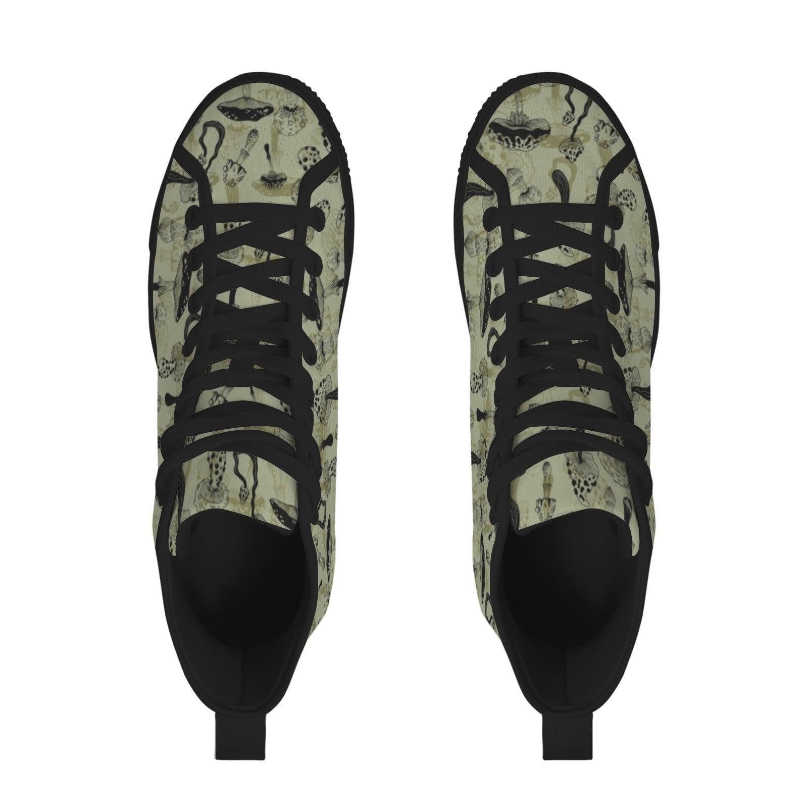 Mushroom Morel Snake Print High Top Sneakers, Sage Green Cottagecore Canvas Shoes