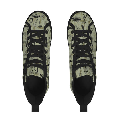 Mushroom Morel Snake Print High Top Sneakers, Sage Green Cottagecore Canvas Shoes