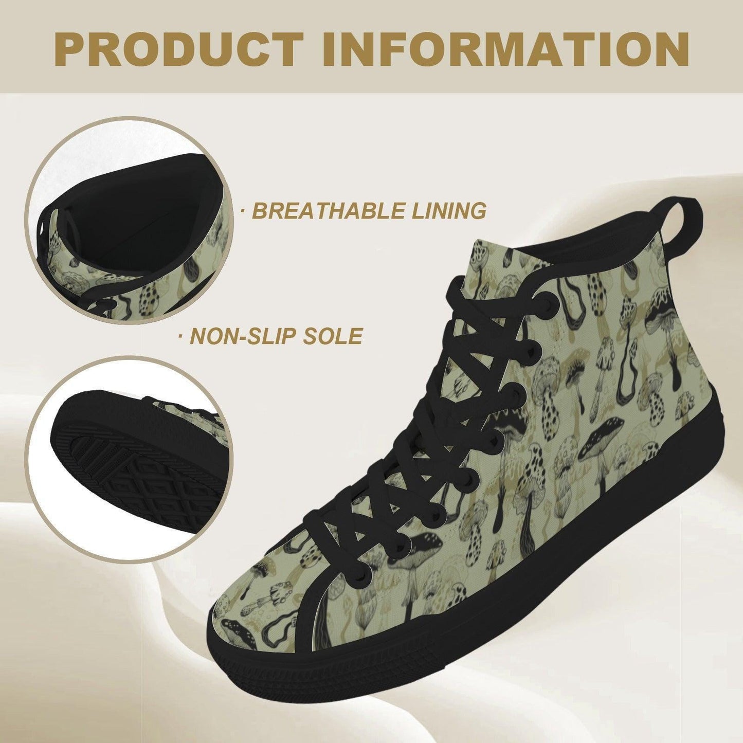 Mushroom Morel Snake Print High Top Sneakers, Sage Green Cottagecore Canvas Shoes