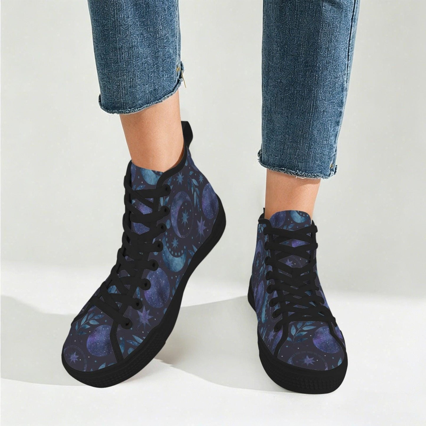 Celestial High Top Sneakers, Watercolor Moon Star Galaxy Print Canvas Shoes