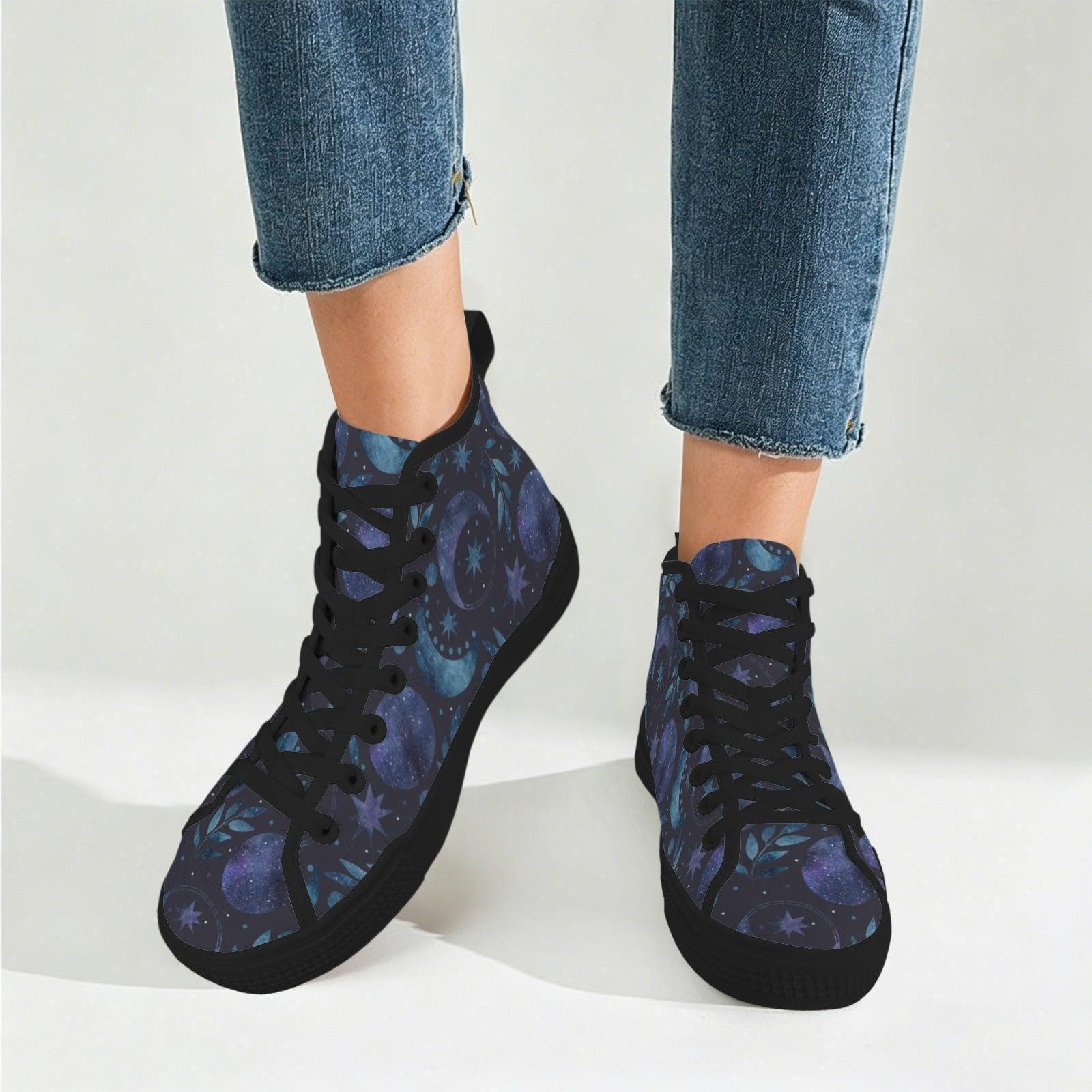 Celestial High Top Sneakers, Watercolor Moon Star Galaxy Print Canvas Shoes