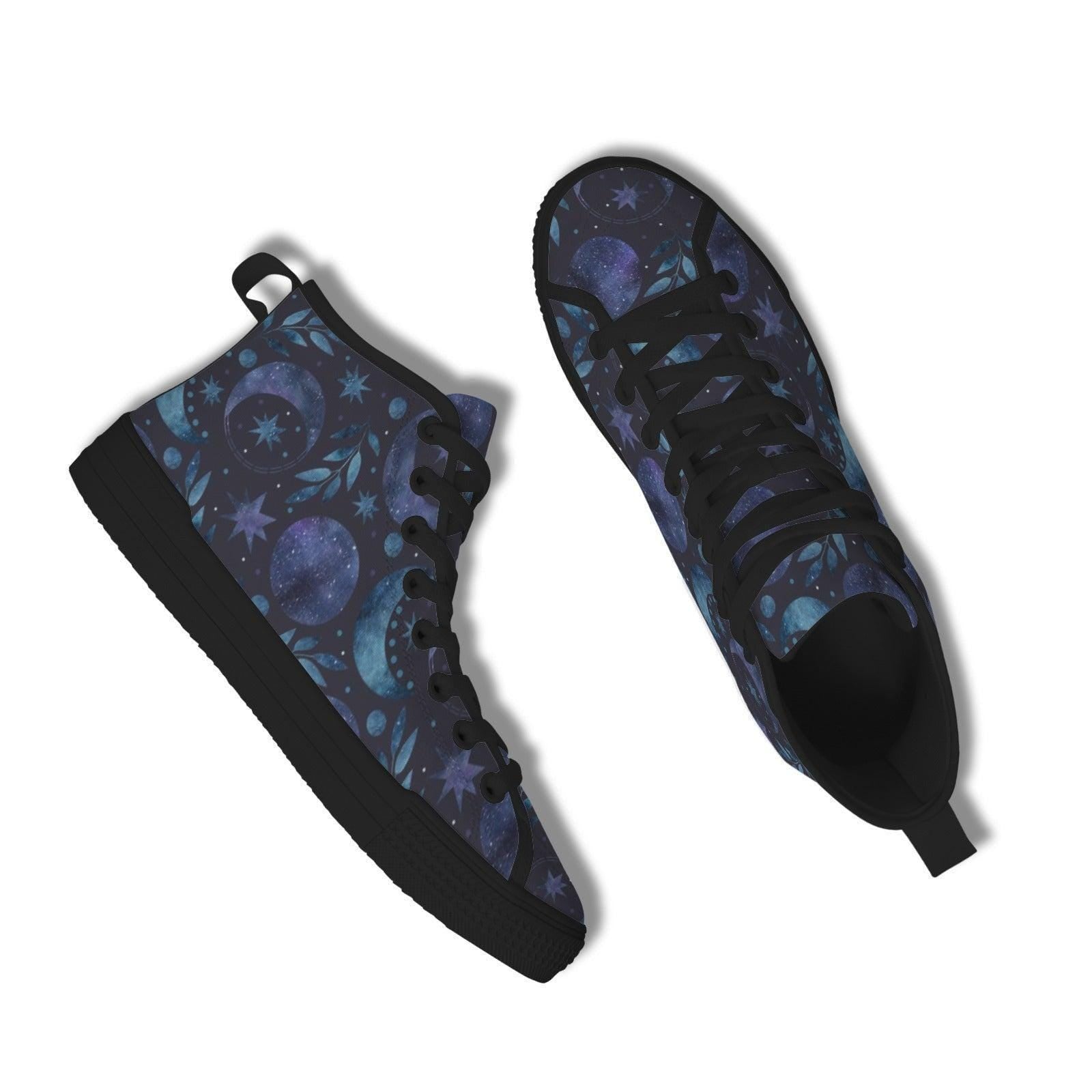 Celestial High Top Sneakers, Watercolor Moon Star Galaxy Print Canvas Shoes