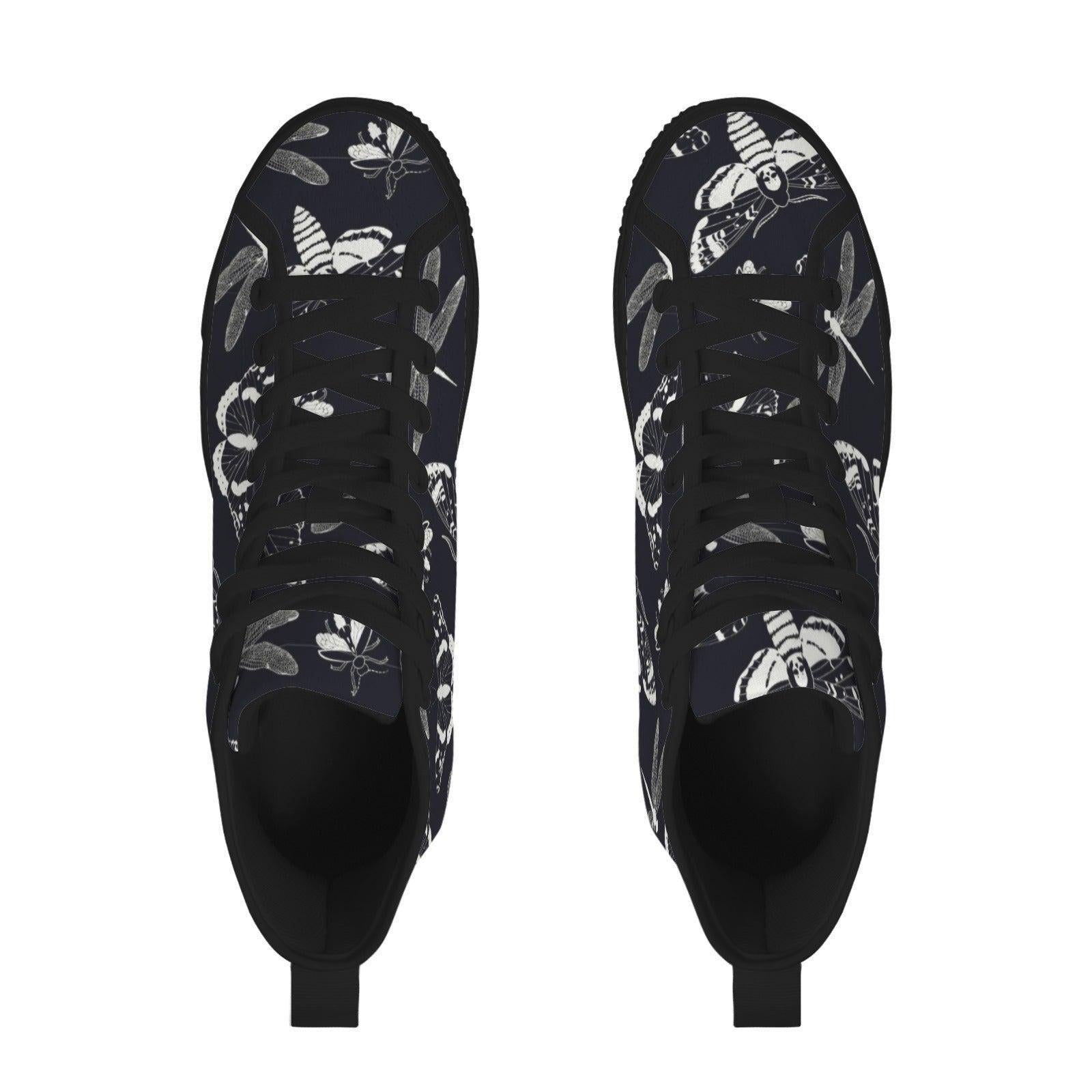 Moth Dragonfly Print High Top Sneakers, Navy Blue Canvas Shoes, Dark Academia Style