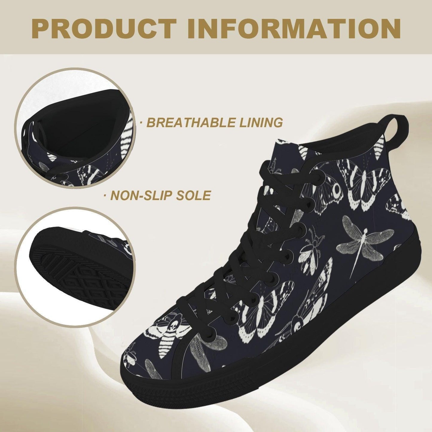 Moth Dragonfly Print High Top Sneakers, Navy Blue Canvas Shoes, Dark Academia Style