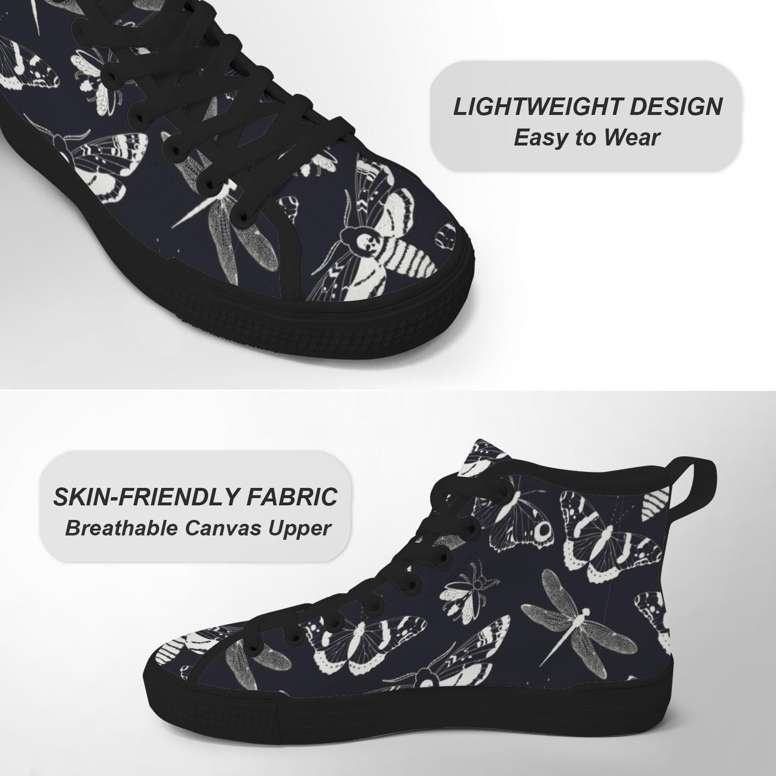 Moth Dragonfly Print High Top Sneakers, Navy Blue Canvas Shoes, Dark Academia Style