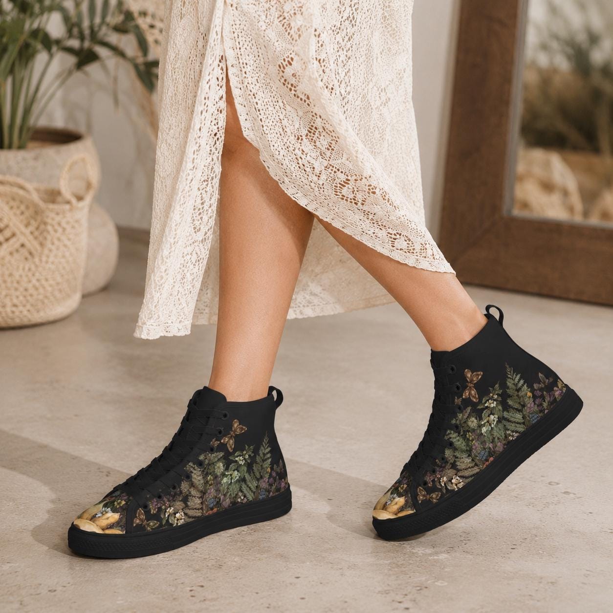 Woodland High Top Sneakers, Botanical Fern Butterfly Print Lace Up Shoes