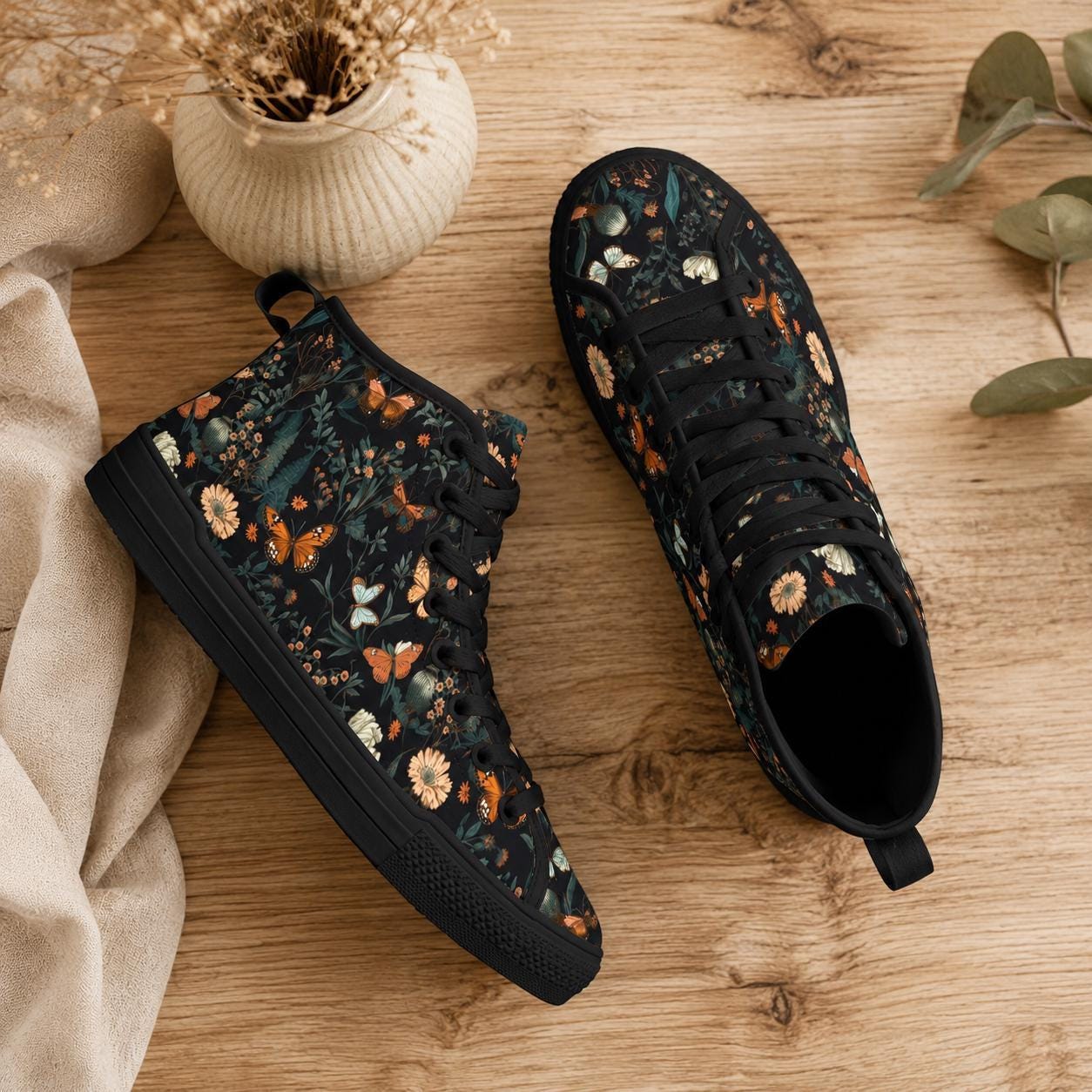 Black Meadow Butterfly High Tops, Cottagecore Floral Lace Up Sneakers