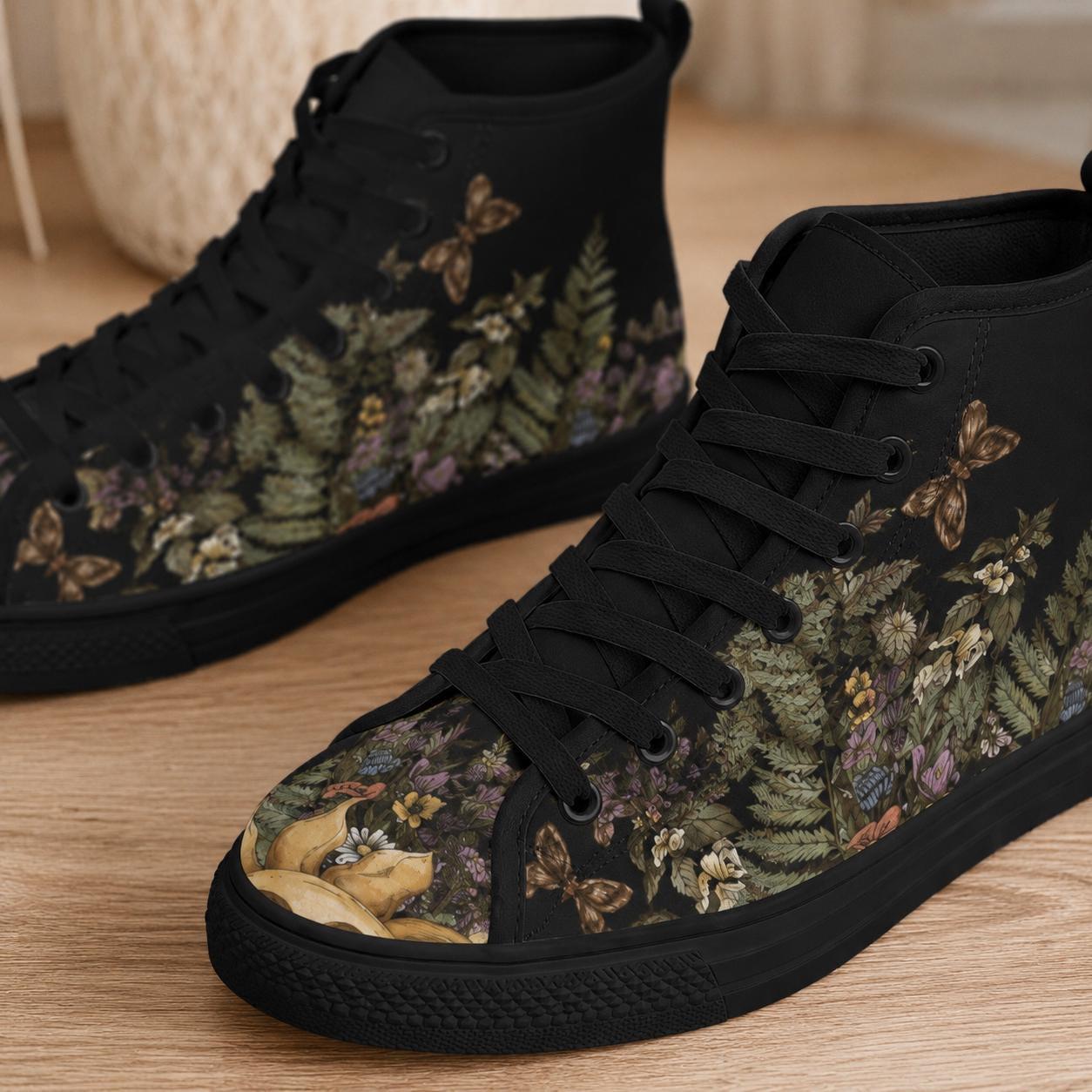 Woodland High Top Sneakers, Botanical Fern Butterfly Print Lace Up Shoes