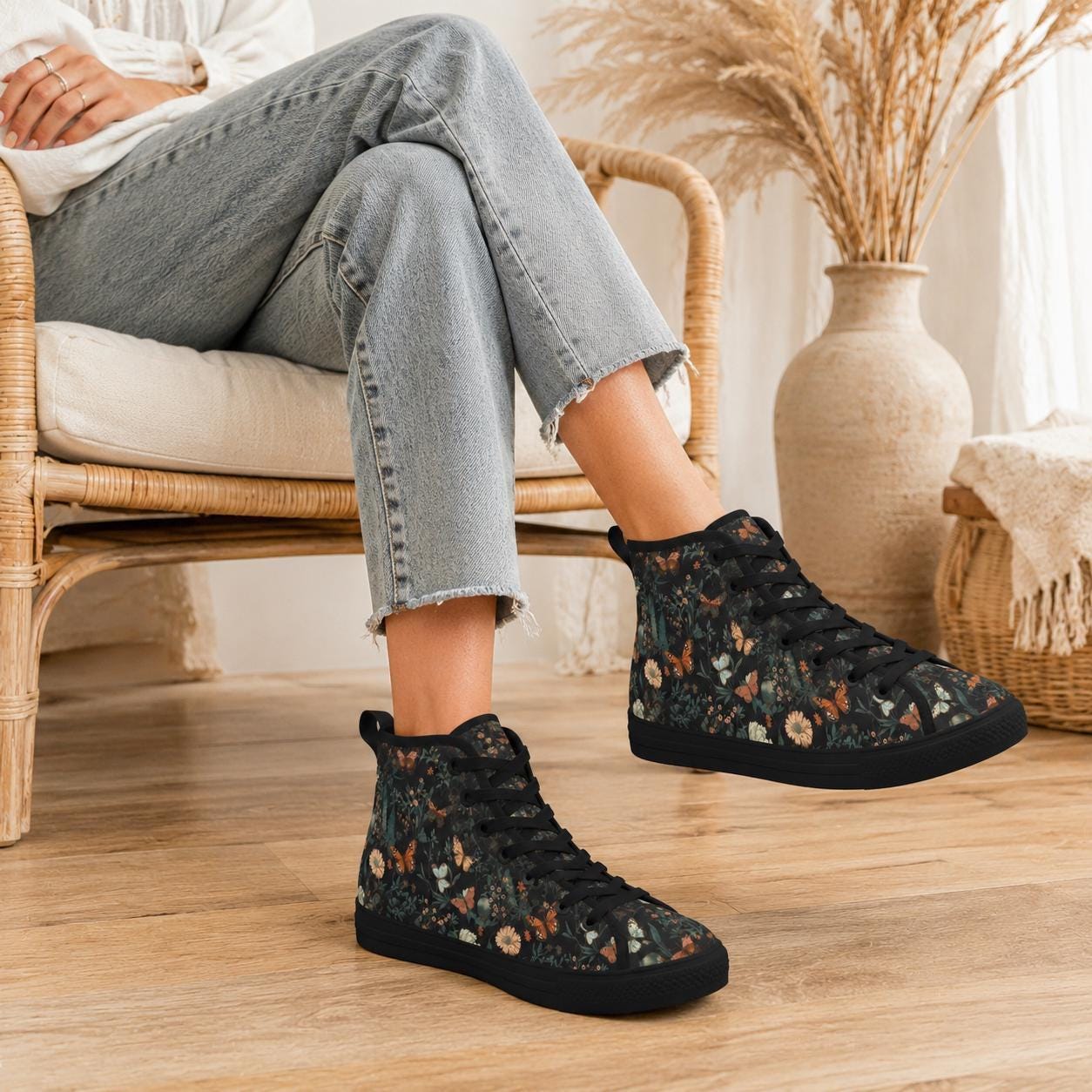 Black Meadow Butterfly High Tops, Cottagecore Floral Lace Up Sneakers