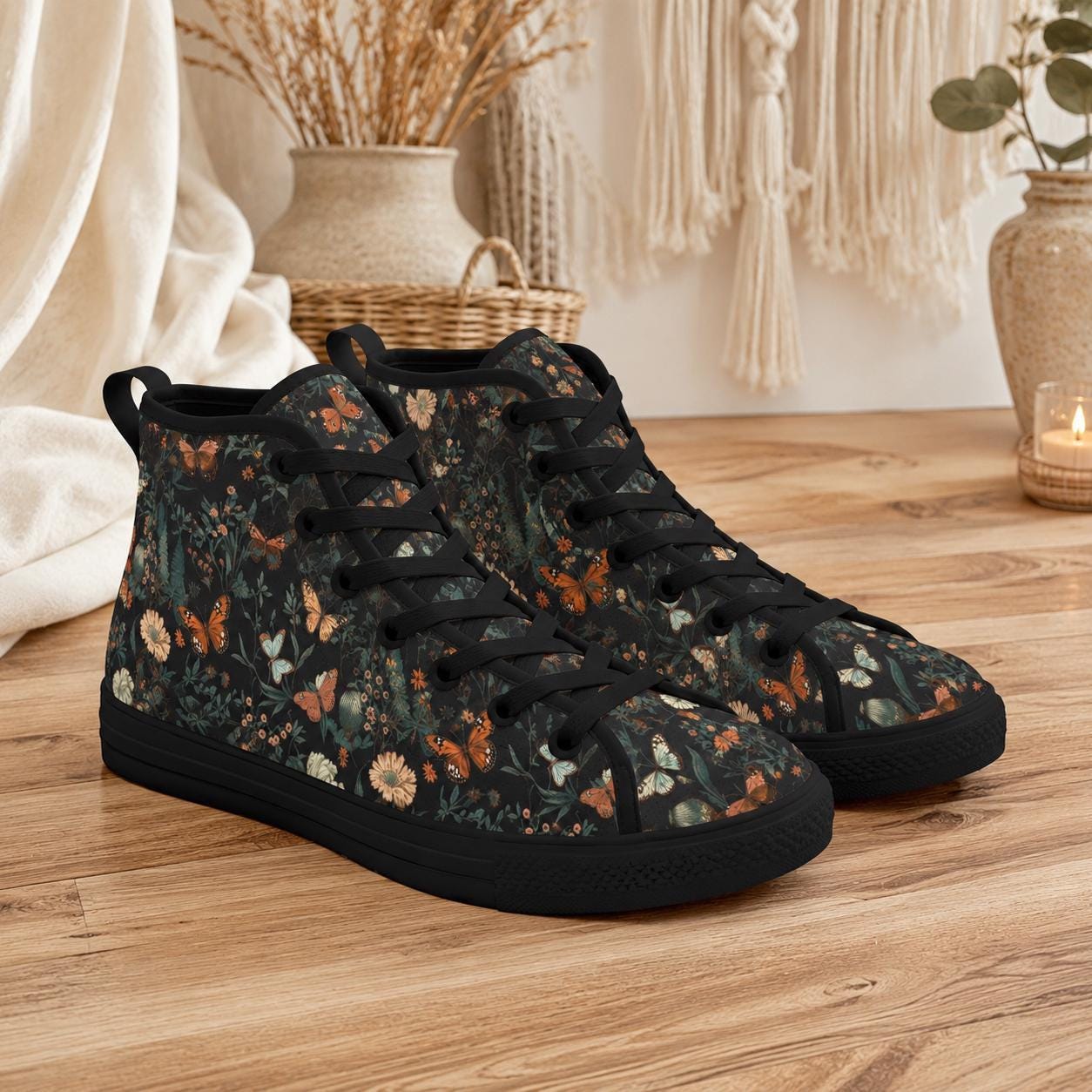 Black Meadow Butterfly High Tops, Cottagecore Floral Lace Up Sneakers