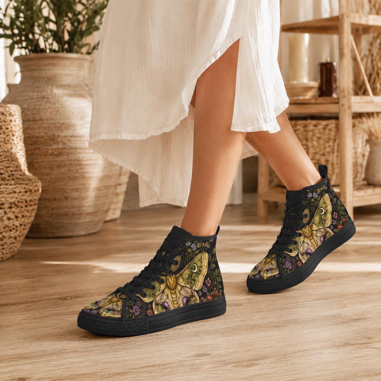 Luna Moth High Tops, Dark Floral Garden Print Sneakers, Witchy Cottagecore Shoes
