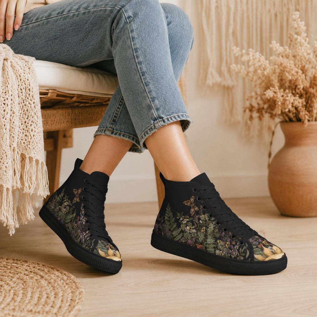 Woodland High Top Sneakers, Botanical Fern Butterfly Print Lace Up Shoes