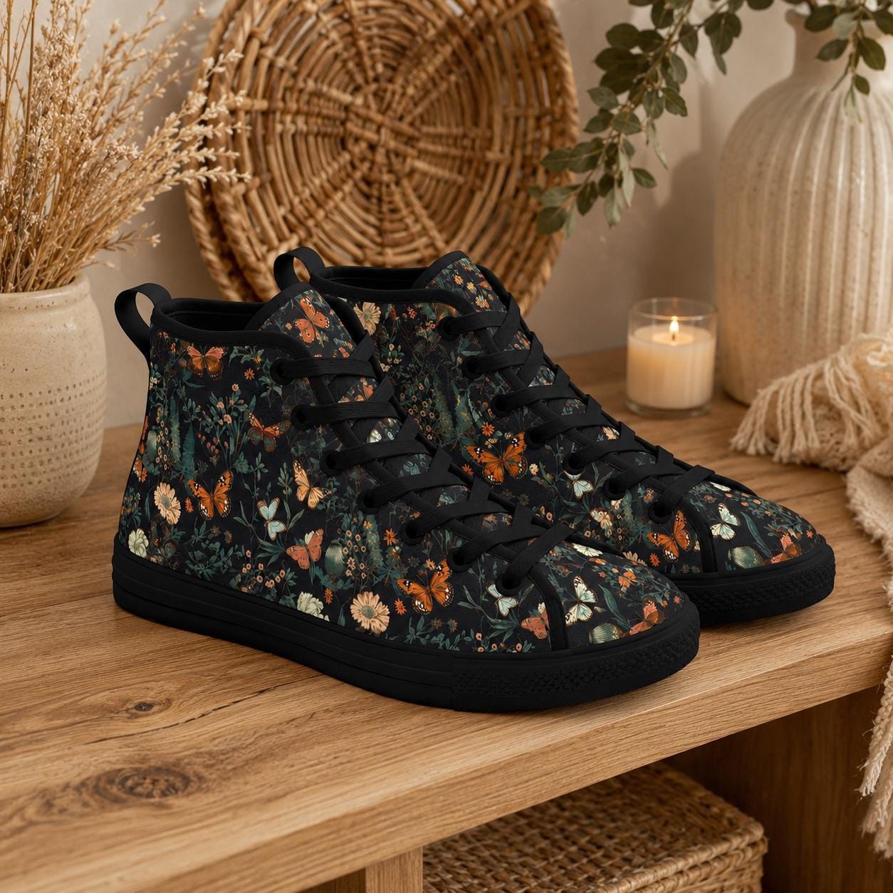 Black Meadow Butterfly High Tops, Cottagecore Floral Lace Up Sneakers