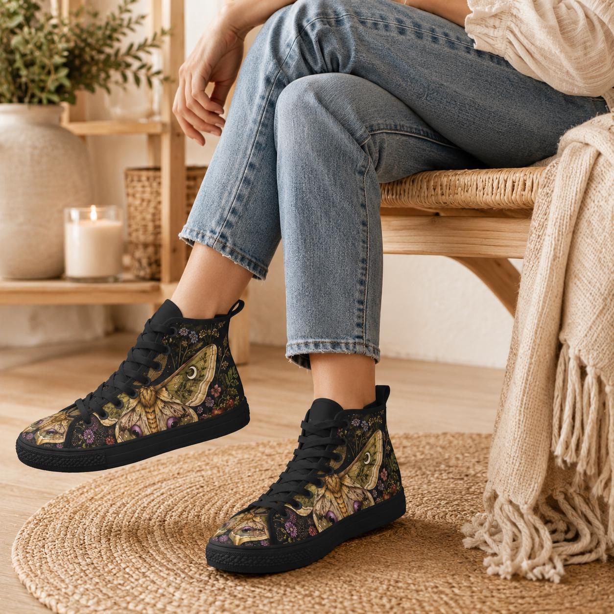 Luna Moth High Tops, Dark Floral Garden Print Sneakers, Witchy Cottagecore Shoes