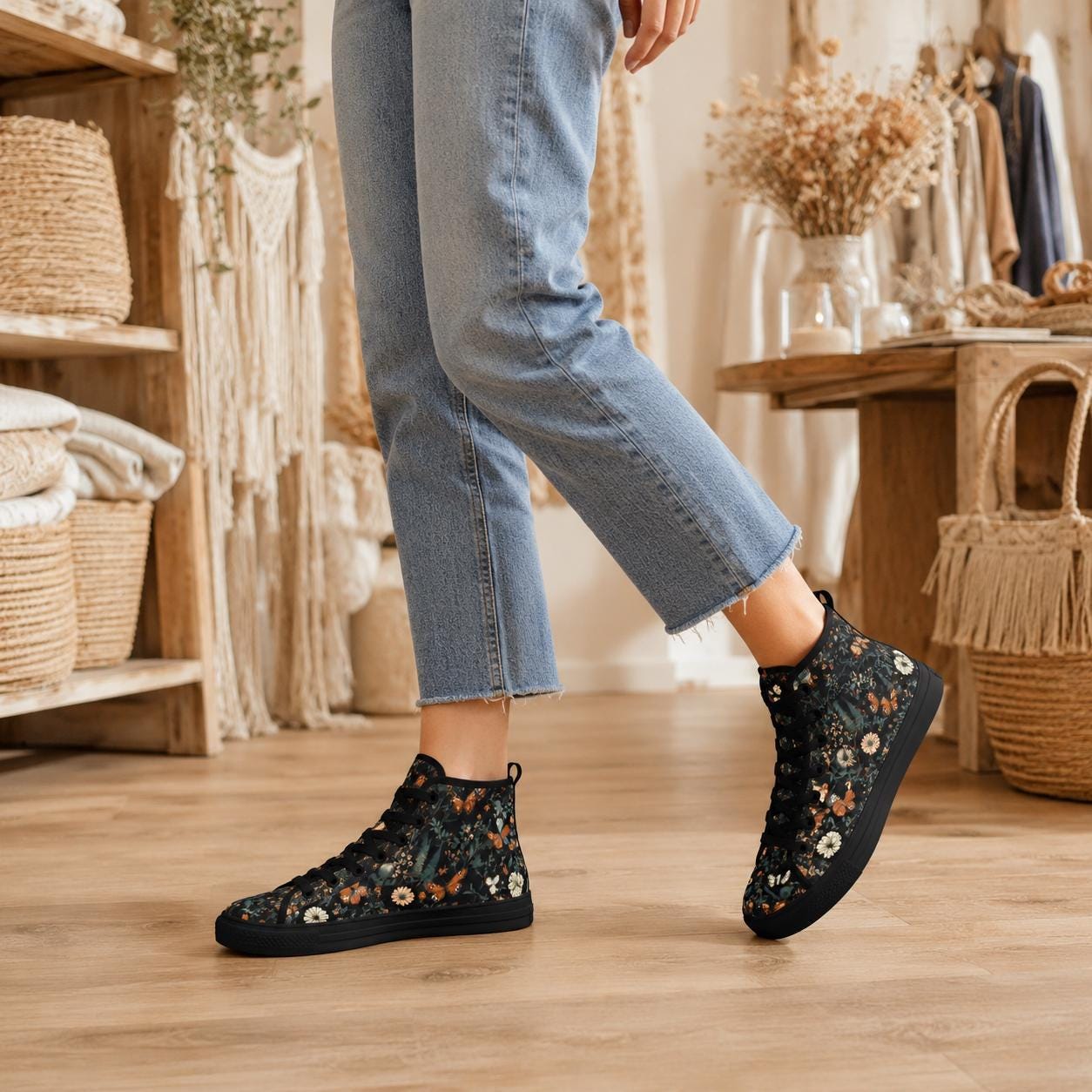Black Meadow Butterfly High Tops, Cottagecore Floral Lace Up Sneakers