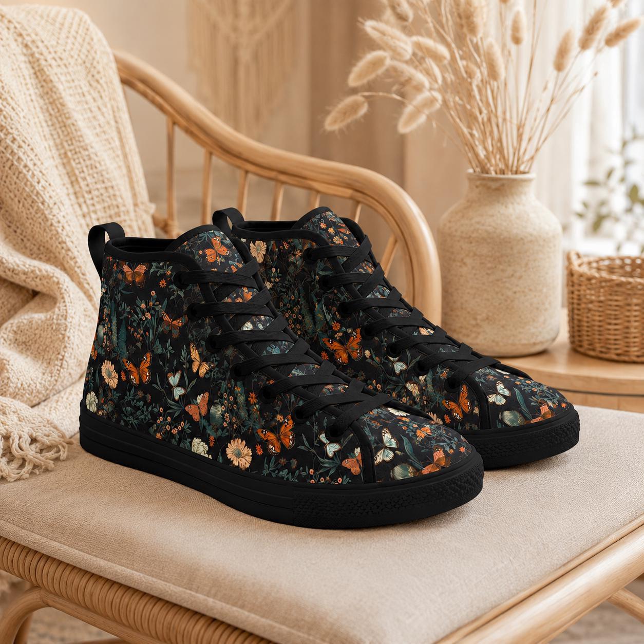 Black Meadow Butterfly High Tops, Cottagecore Floral Lace Up Sneakers