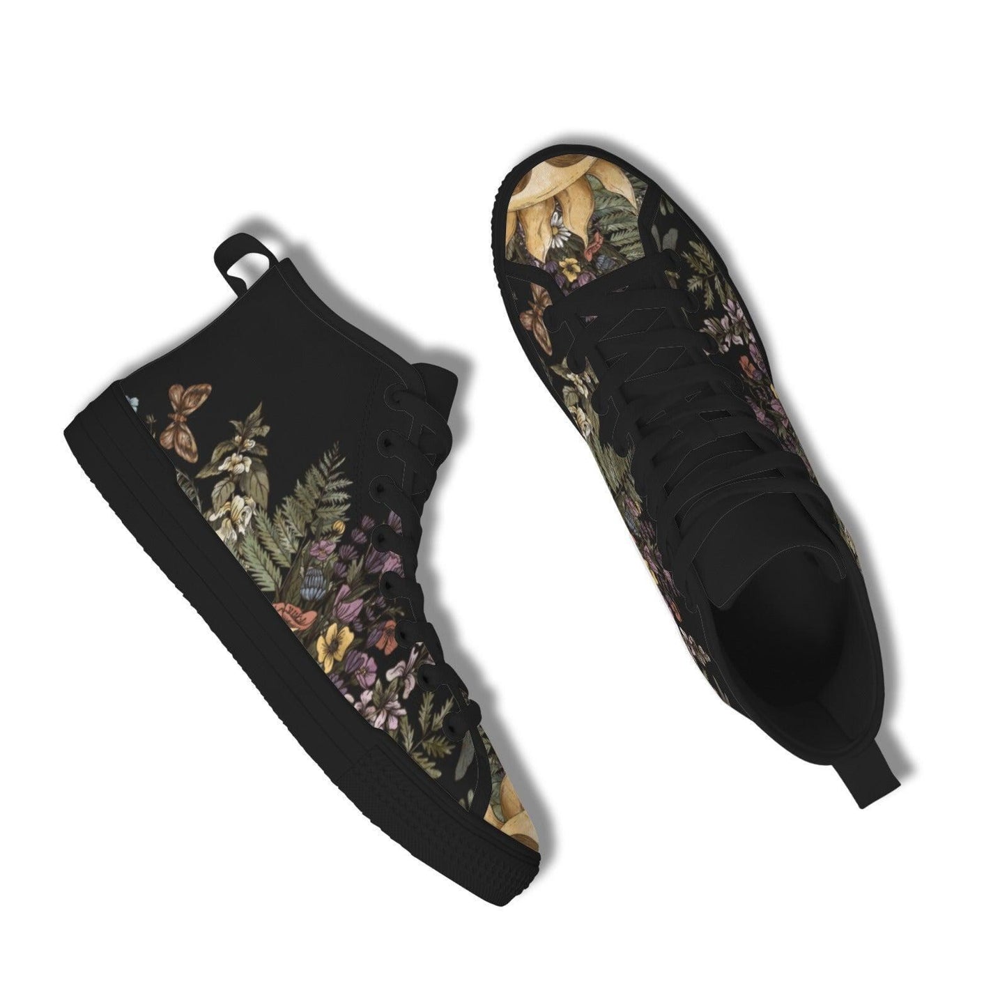 Woodland High Top Sneakers, Botanical Fern Butterfly Print Lace Up Shoes