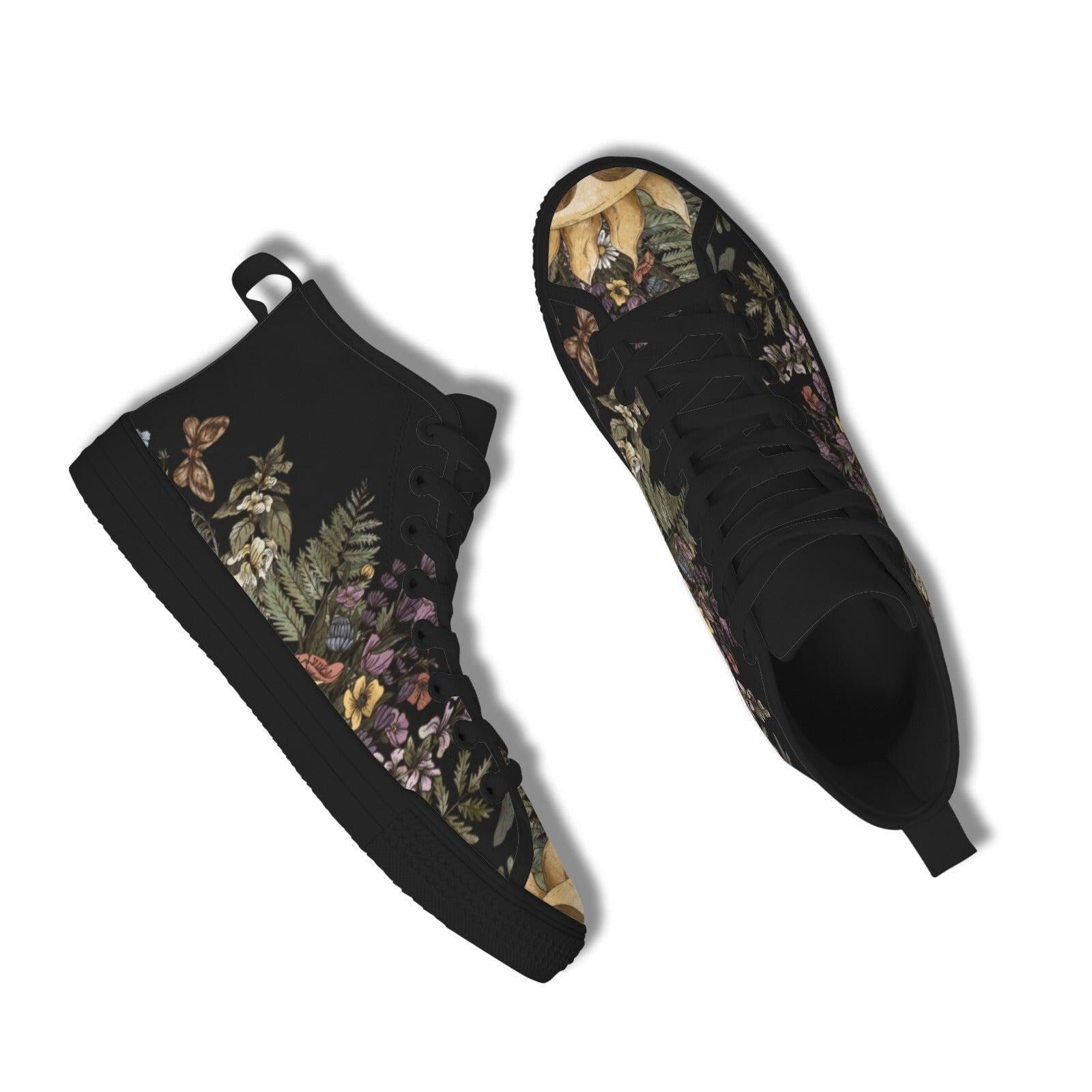 Woodland High Top Sneakers, Botanical Fern Butterfly Print Lace Up Shoes