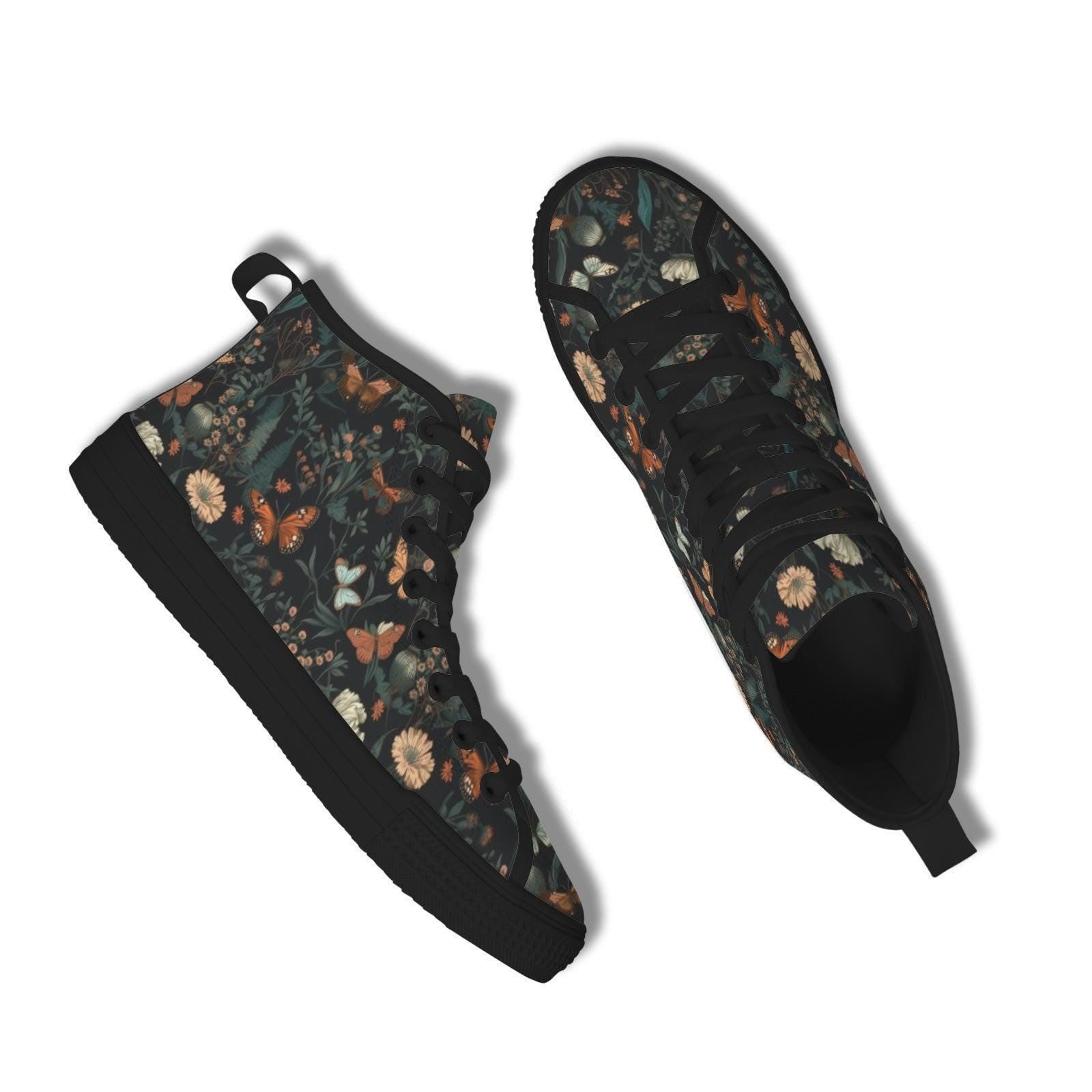 Black Meadow Butterfly High Tops, Cottagecore Floral Lace Up Sneakers