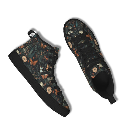 Black Meadow Butterfly High Tops, Cottagecore Floral Lace Up Sneakers