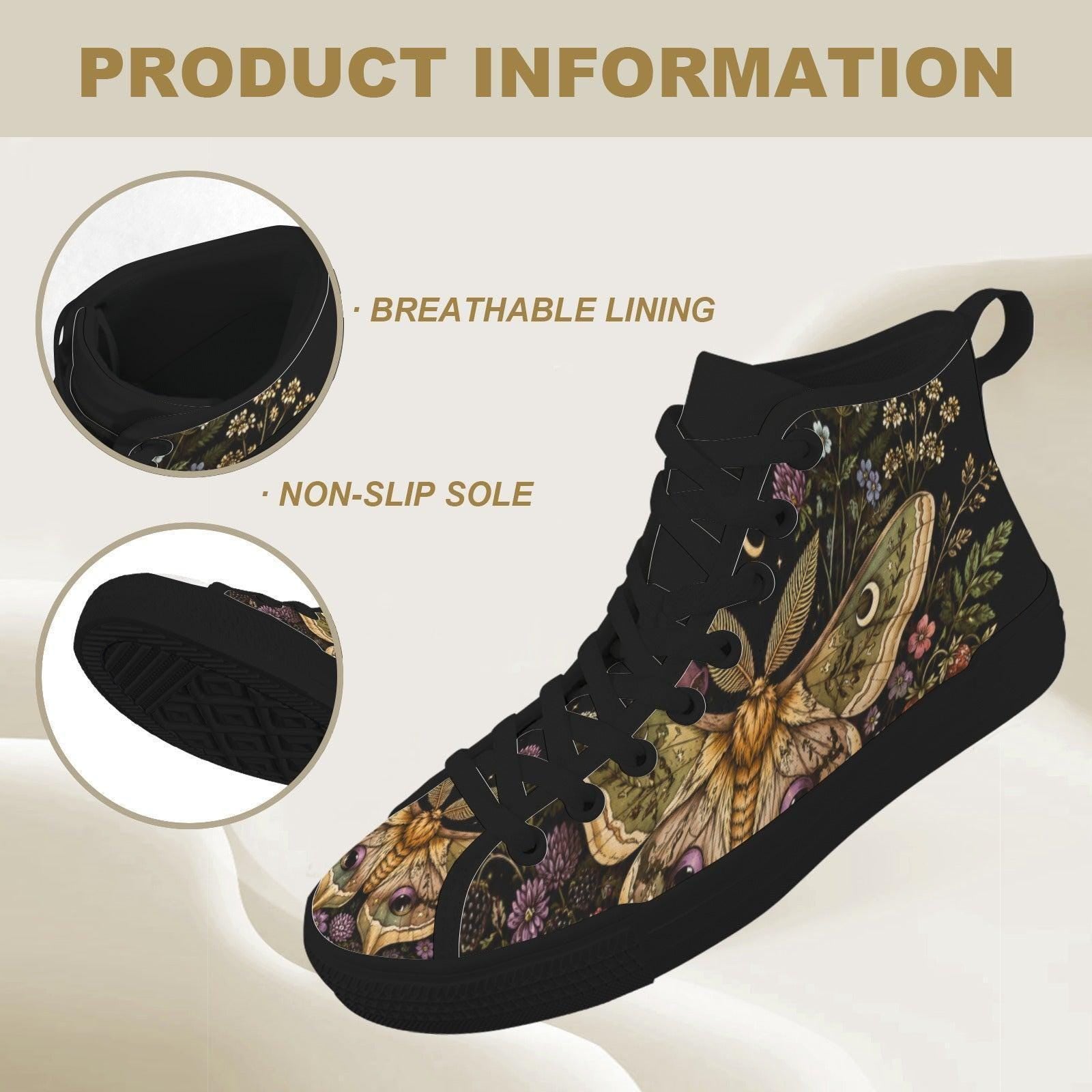 Luna Moth High Tops, Dark Floral Garden Print Sneakers, Witchy Cottagecore Shoes