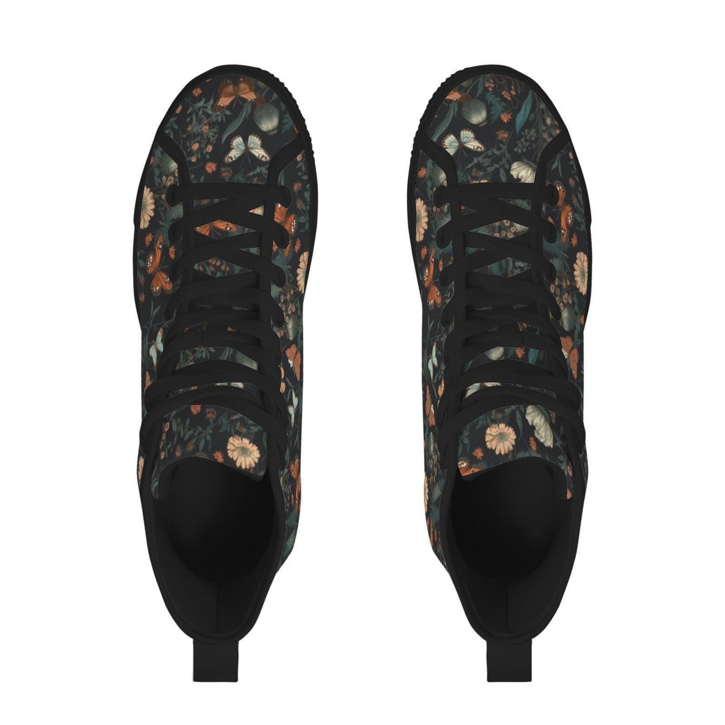Black Meadow Butterfly High Tops, Cottagecore Floral Lace Up Sneakers