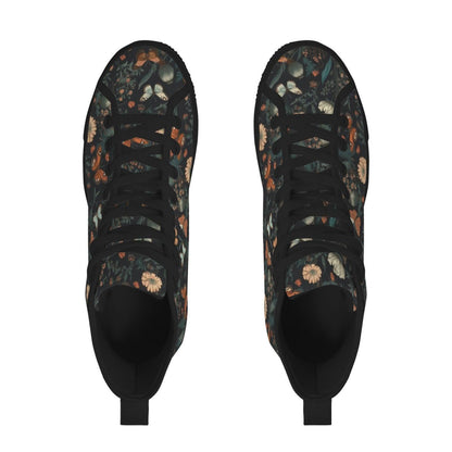 Black Meadow Butterfly High Tops, Cottagecore Floral Lace Up Sneakers