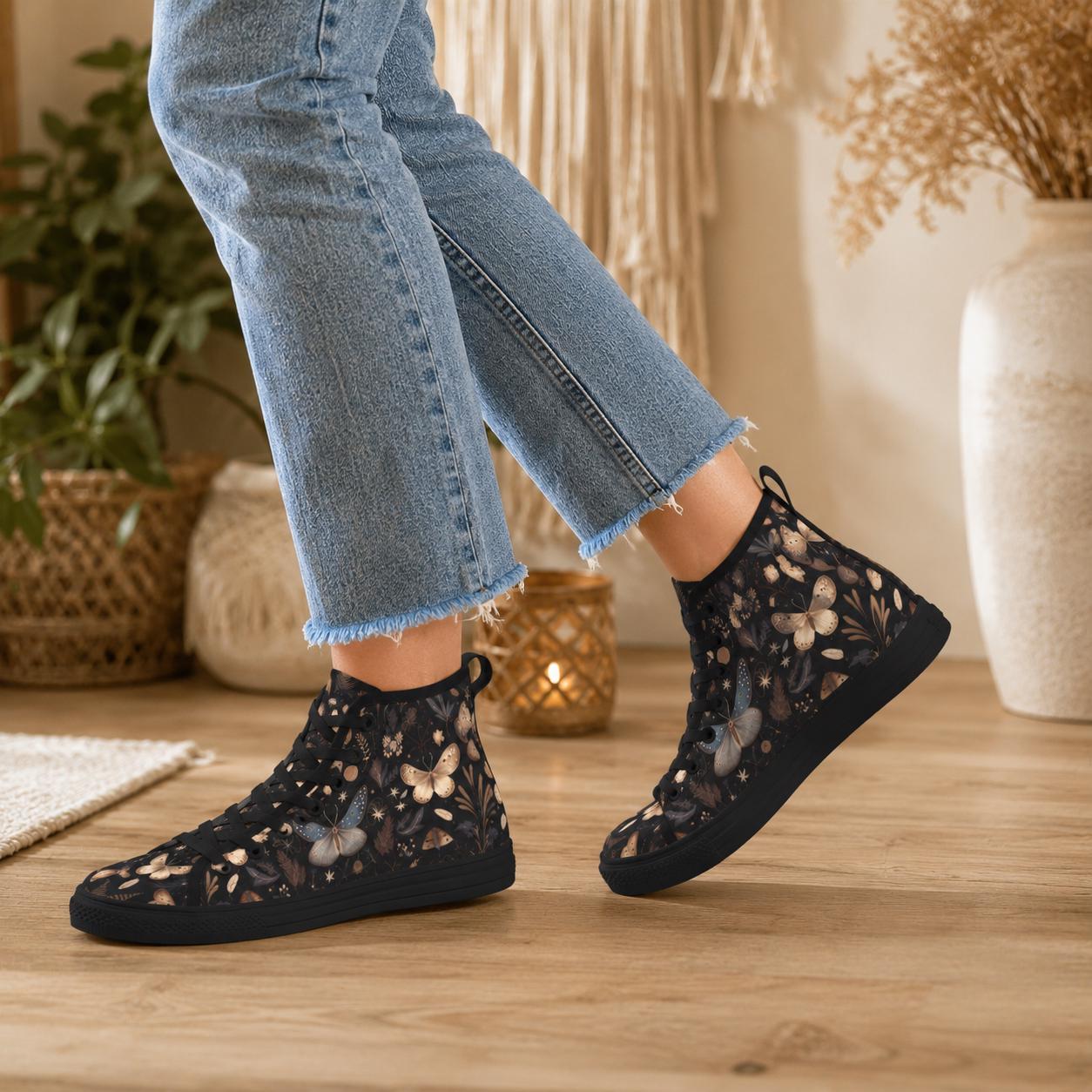 Botanical Butterfly High Top Canvas Shoes, Whimsigoth Lace Up Sneakers
