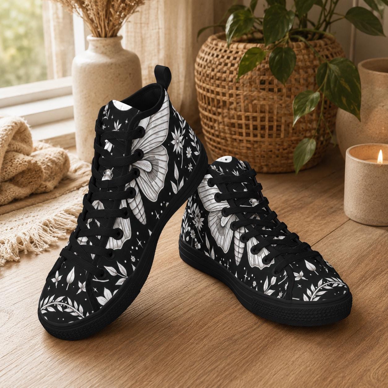 Moth Print High Top Canvas Shoes, Black Botanical Floral Lace Up Sneakers