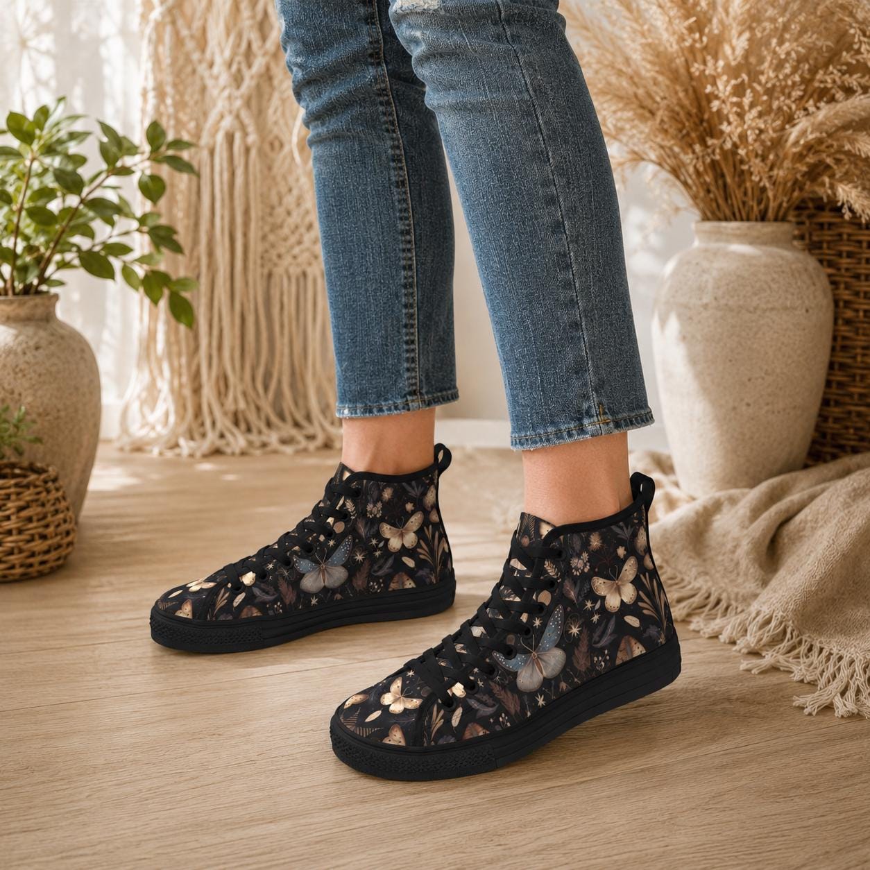 Botanical Butterfly High Top Canvas Shoes, Whimsigoth Lace Up Sneakers