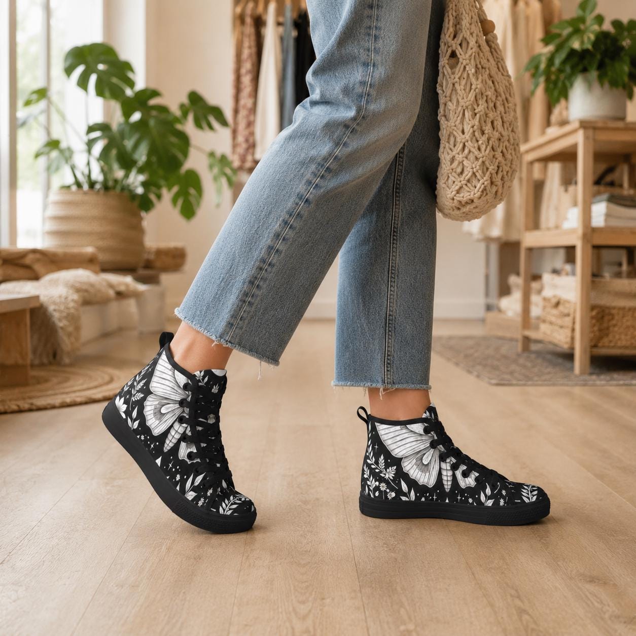 Moth Print High Top Canvas Shoes, Black Botanical Floral Lace Up Sneakers