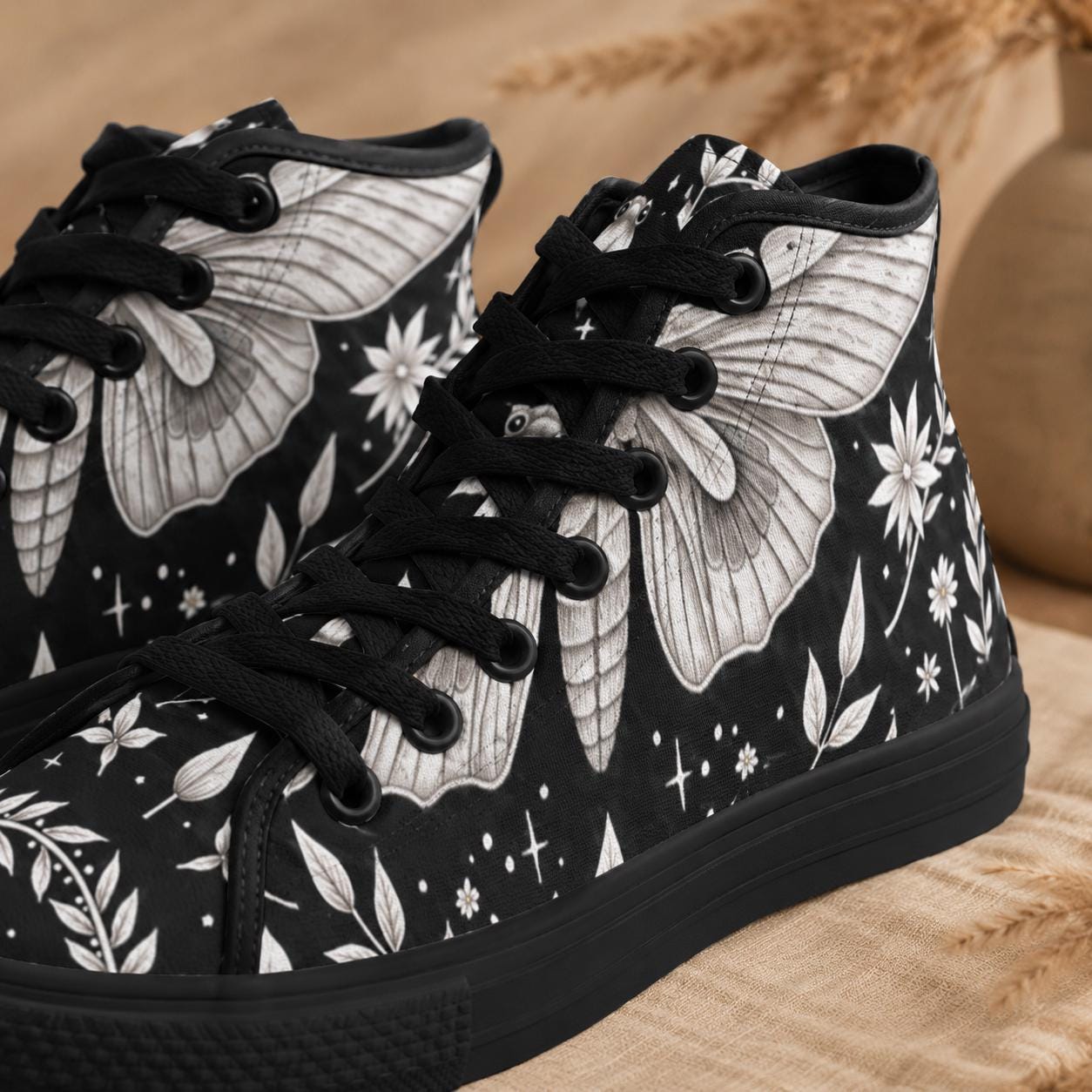 Moth Print High Top Canvas Shoes, Black Botanical Floral Lace Up Sneakers
