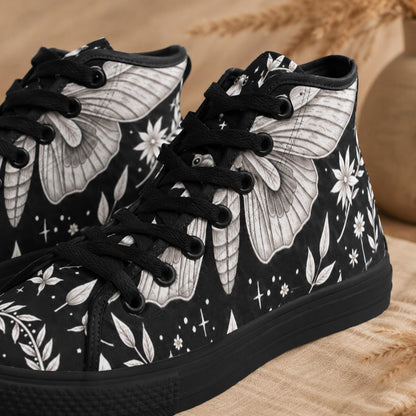 Moth Print High Top Canvas Shoes, Black Botanical Floral Lace Up Sneakers