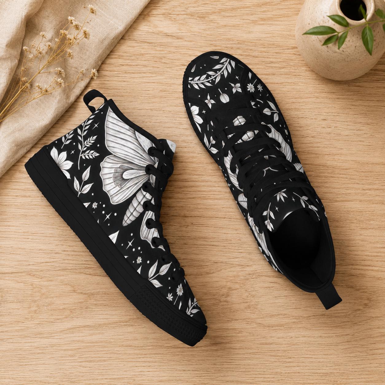 Moth Print High Top Canvas Shoes, Black Botanical Floral Lace Up Sneakers