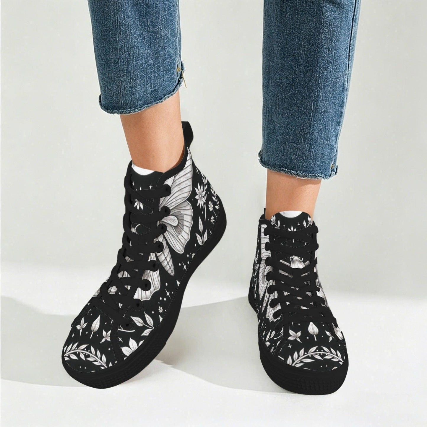 Moth Print High Top Canvas Shoes, Black Botanical Floral Lace Up Sneakers