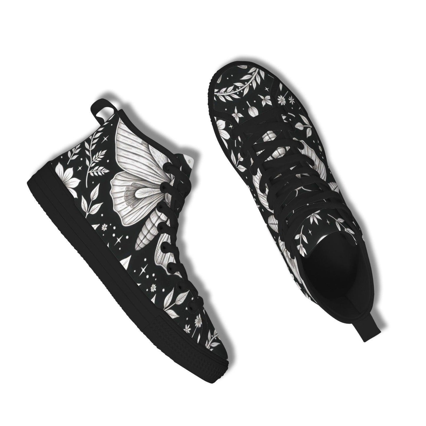 Moth Print High Top Canvas Shoes, Black Botanical Floral Lace Up Sneakers