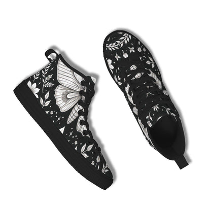 Moth Print High Top Canvas Shoes, Black Botanical Floral Lace Up Sneakers
