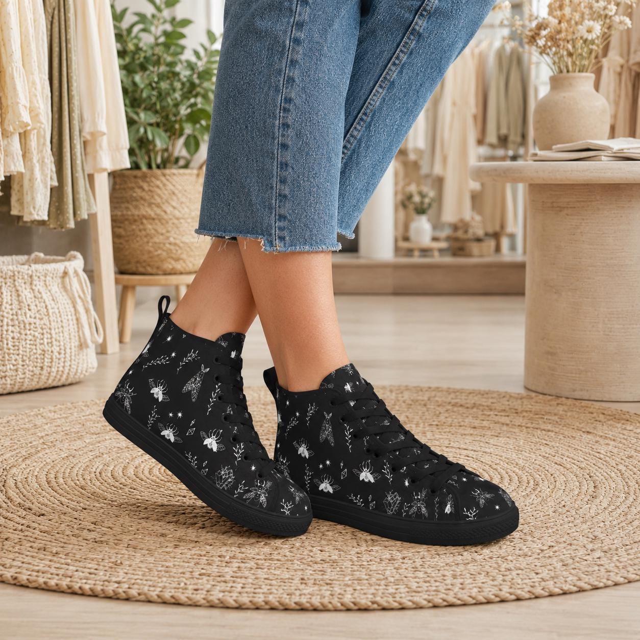 Bee and Botanical Line Art High Top Sneakers in Black