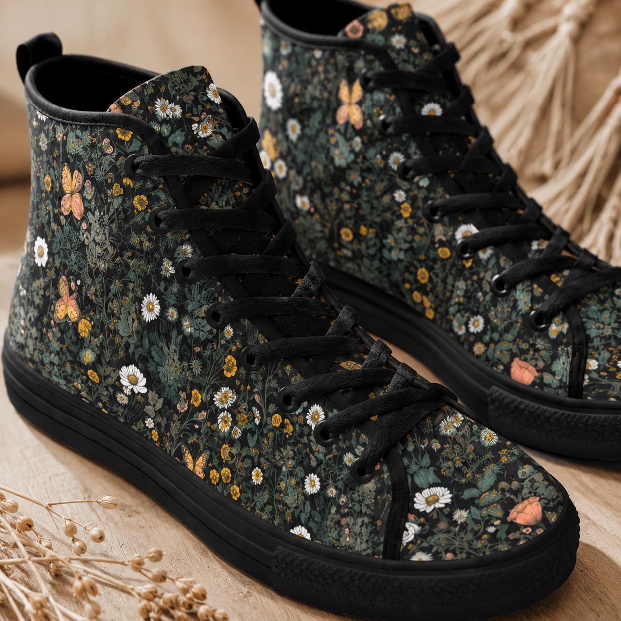 Black Wildflower Meadow High Tops, Cottagecore Botanical Butterfly Sneakers