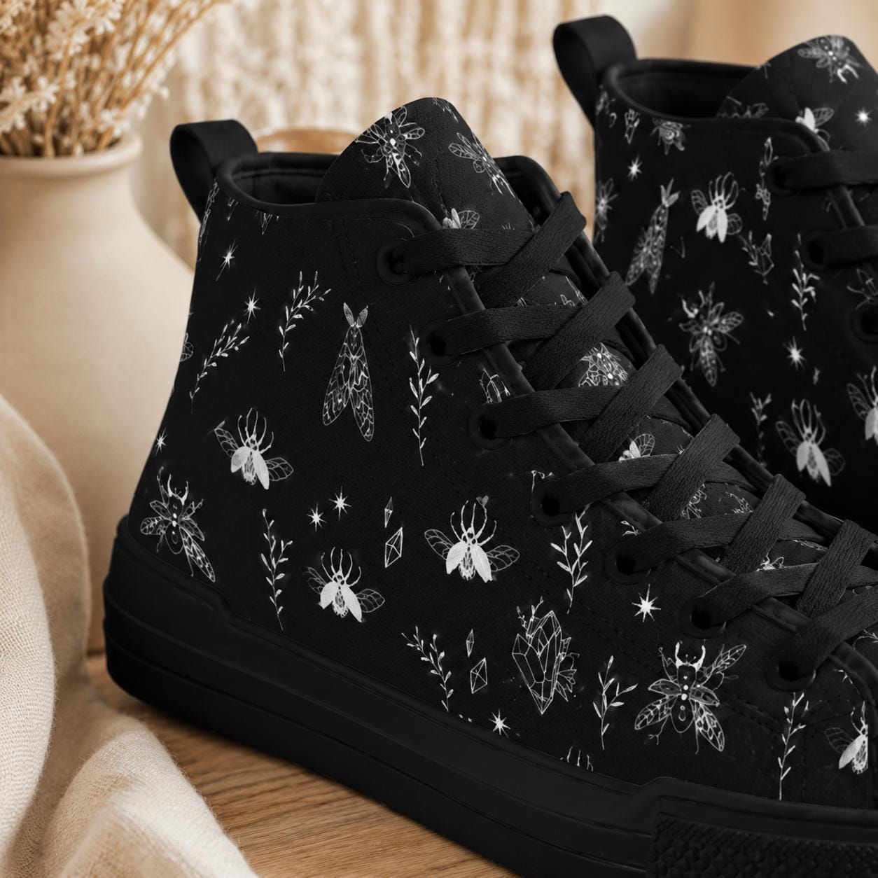 Bee and Botanical Line Art High Top Sneakers in Black