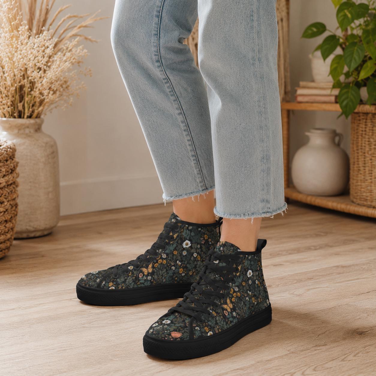 Black Wildflower Meadow High Tops, Cottagecore Botanical Butterfly Sneakers