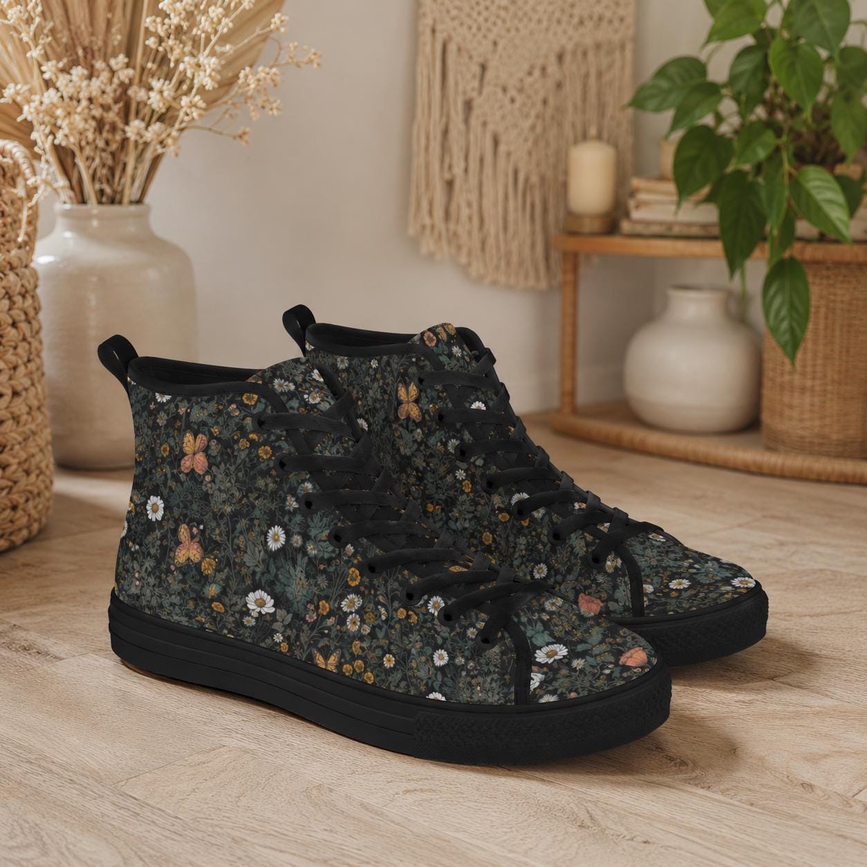 Black Wildflower Meadow High Tops, Cottagecore Botanical Butterfly Sneakers