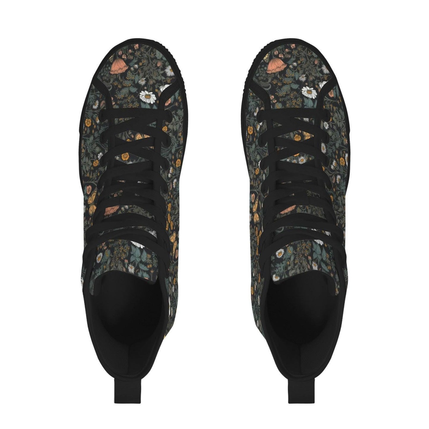 Black Wildflower Meadow High Tops, Cottagecore Botanical Butterfly Sneakers