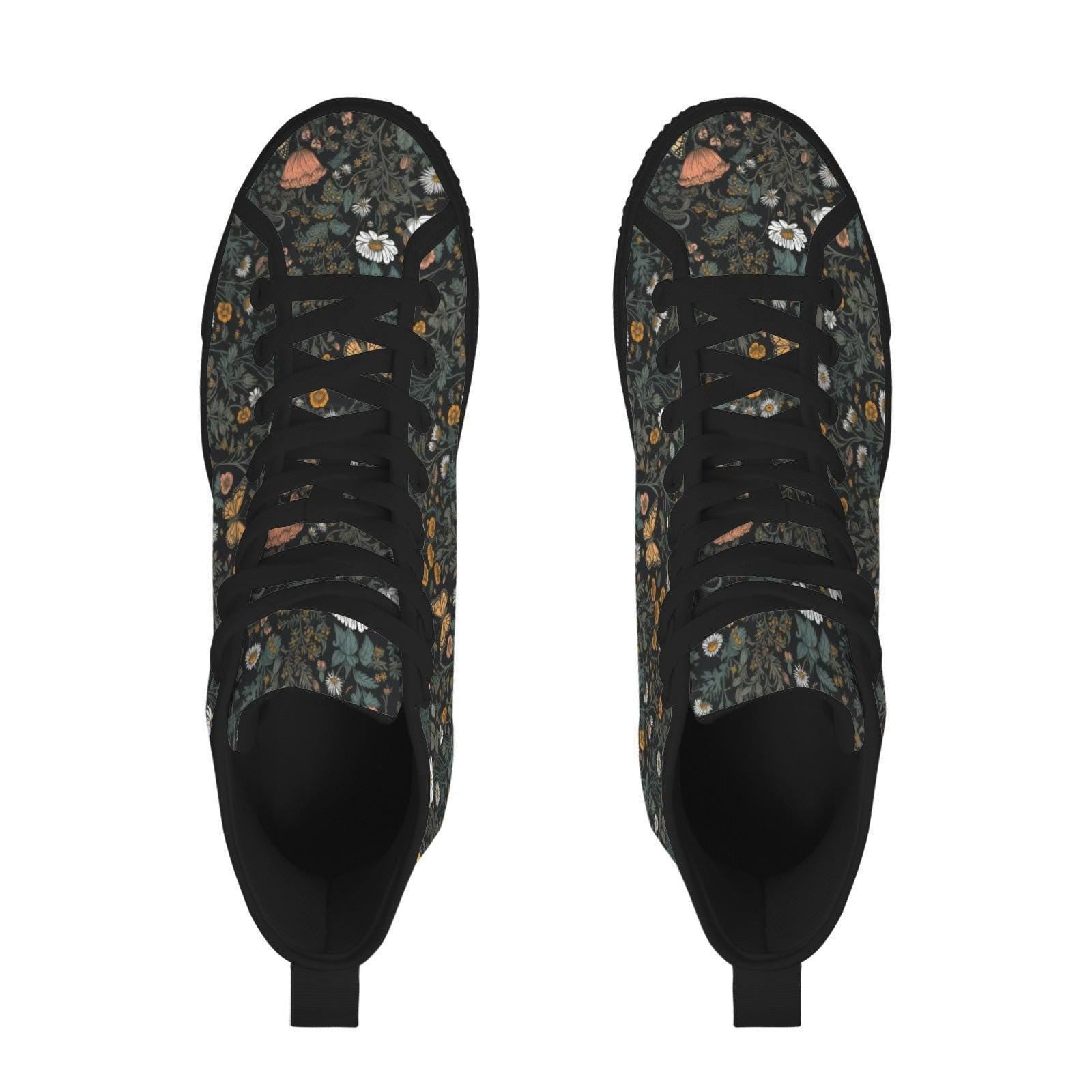 Black Wildflower Meadow High Tops, Cottagecore Botanical Butterfly Sneakers