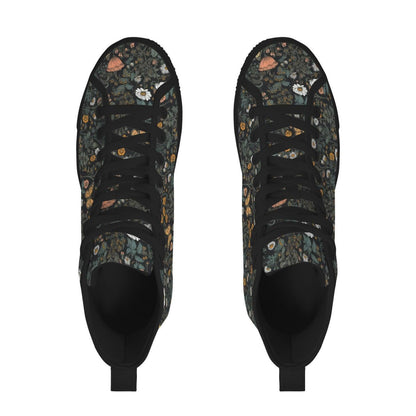 Black Wildflower Meadow High Tops, Cottagecore Botanical Butterfly Sneakers