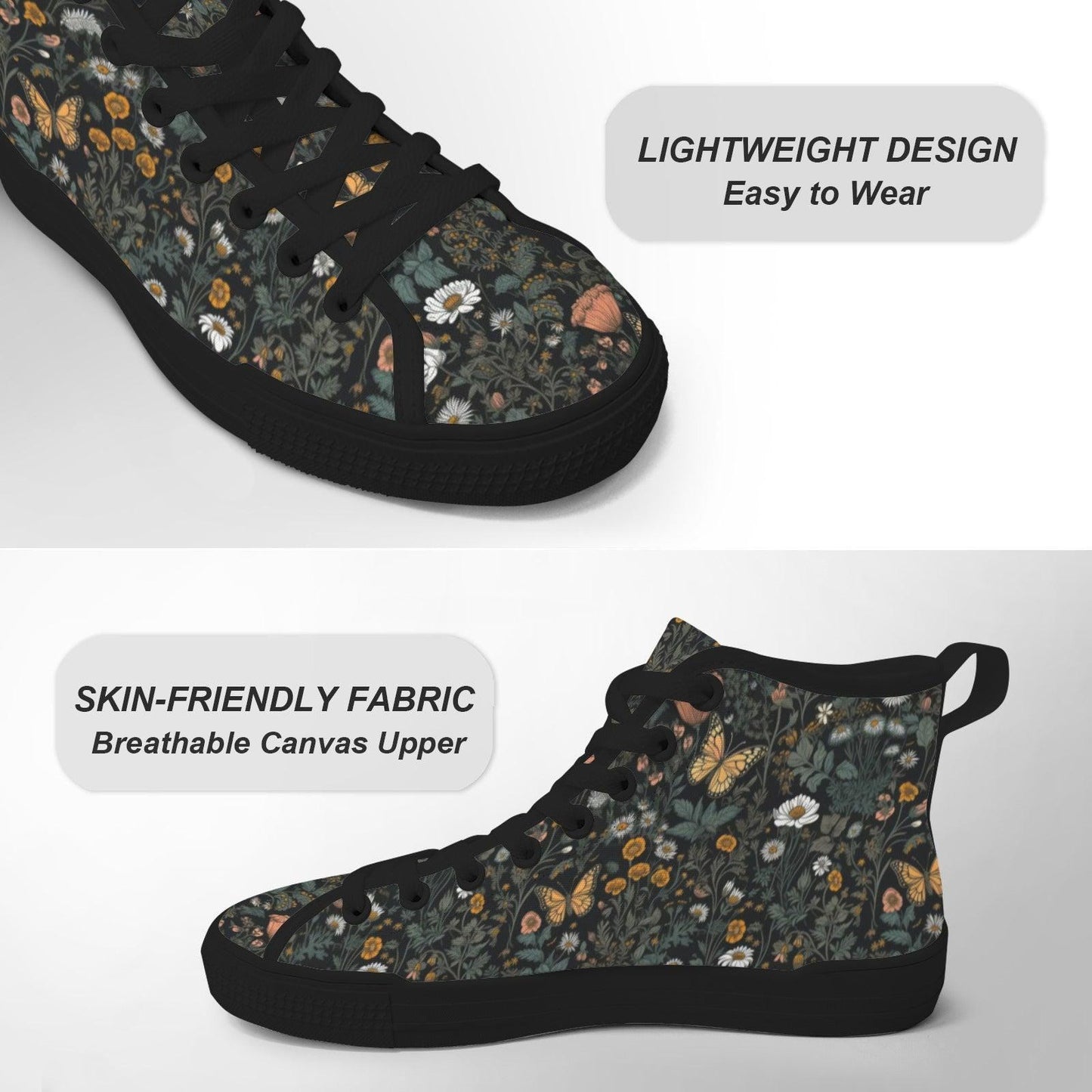 Black Wildflower Meadow High Tops, Cottagecore Botanical Butterfly Sneakers