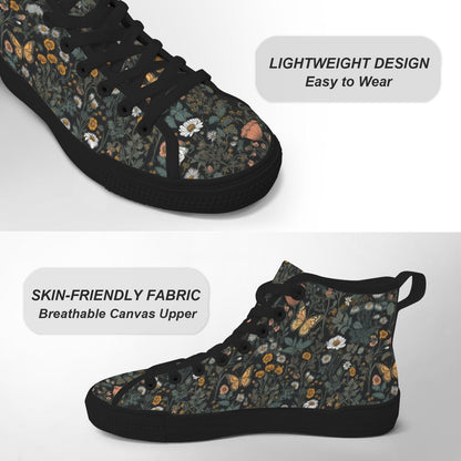 Black Wildflower Meadow High Tops, Cottagecore Botanical Butterfly Sneakers