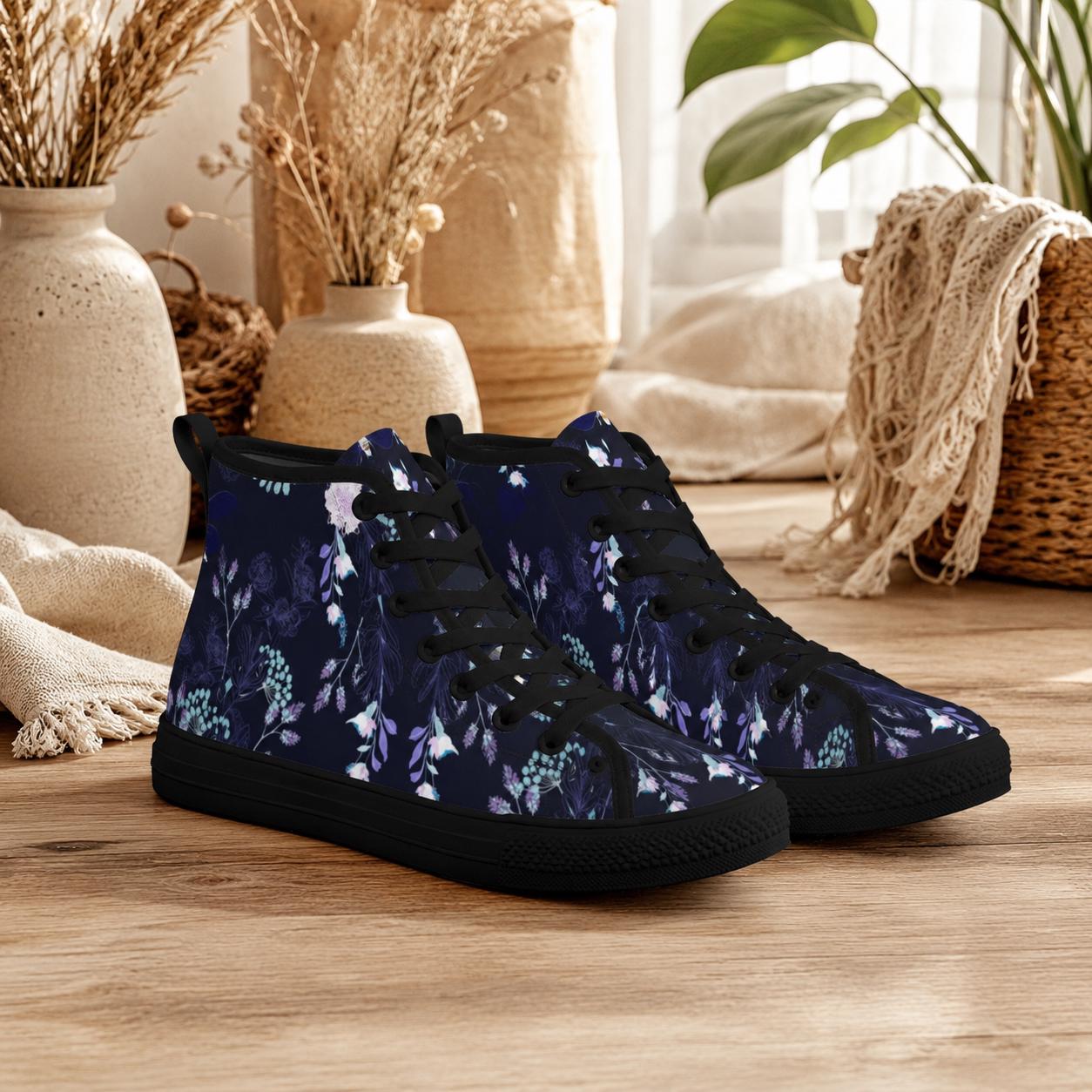 Dark Floral High Top Canvas Sneakers, Navy Blue Whimsigoth Wildflower Shoes
