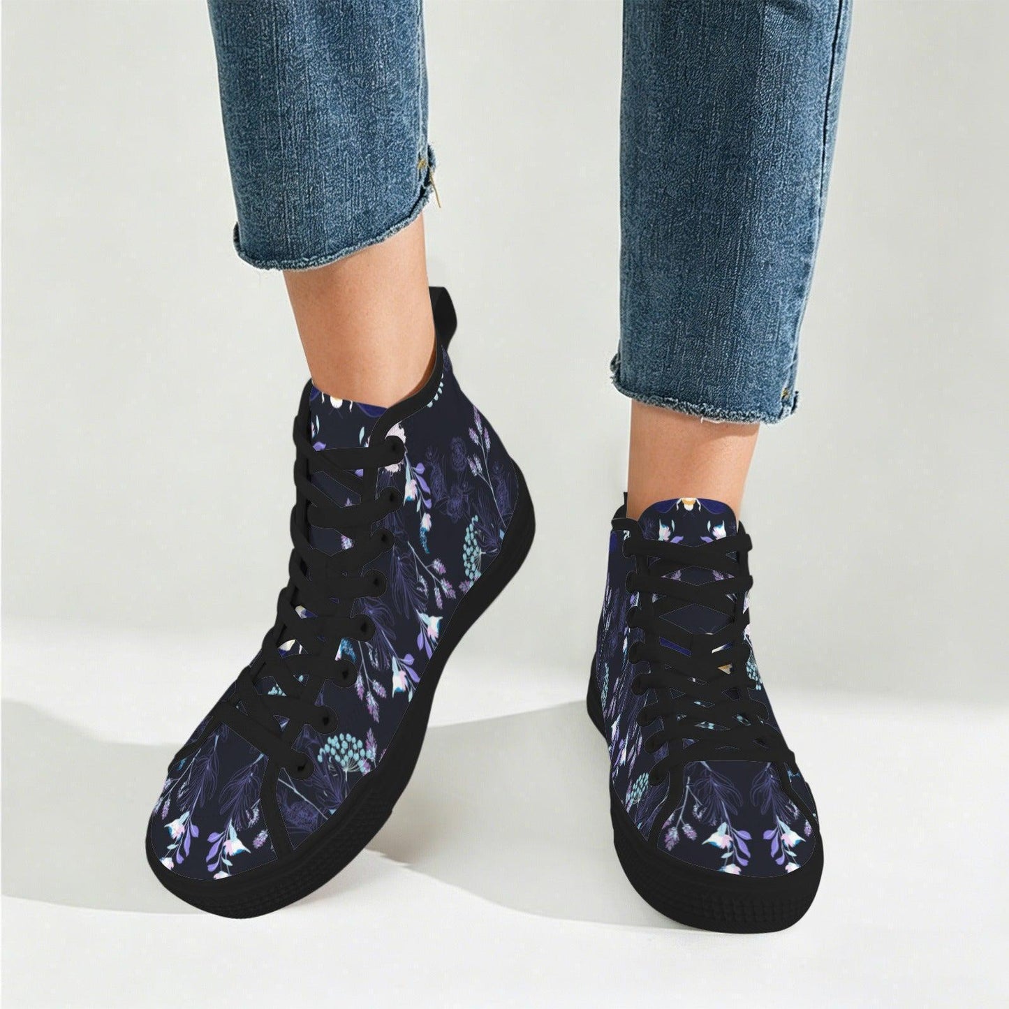 Dark Floral High Top Canvas Sneakers, Navy Blue Whimsigoth Wildflower Shoes